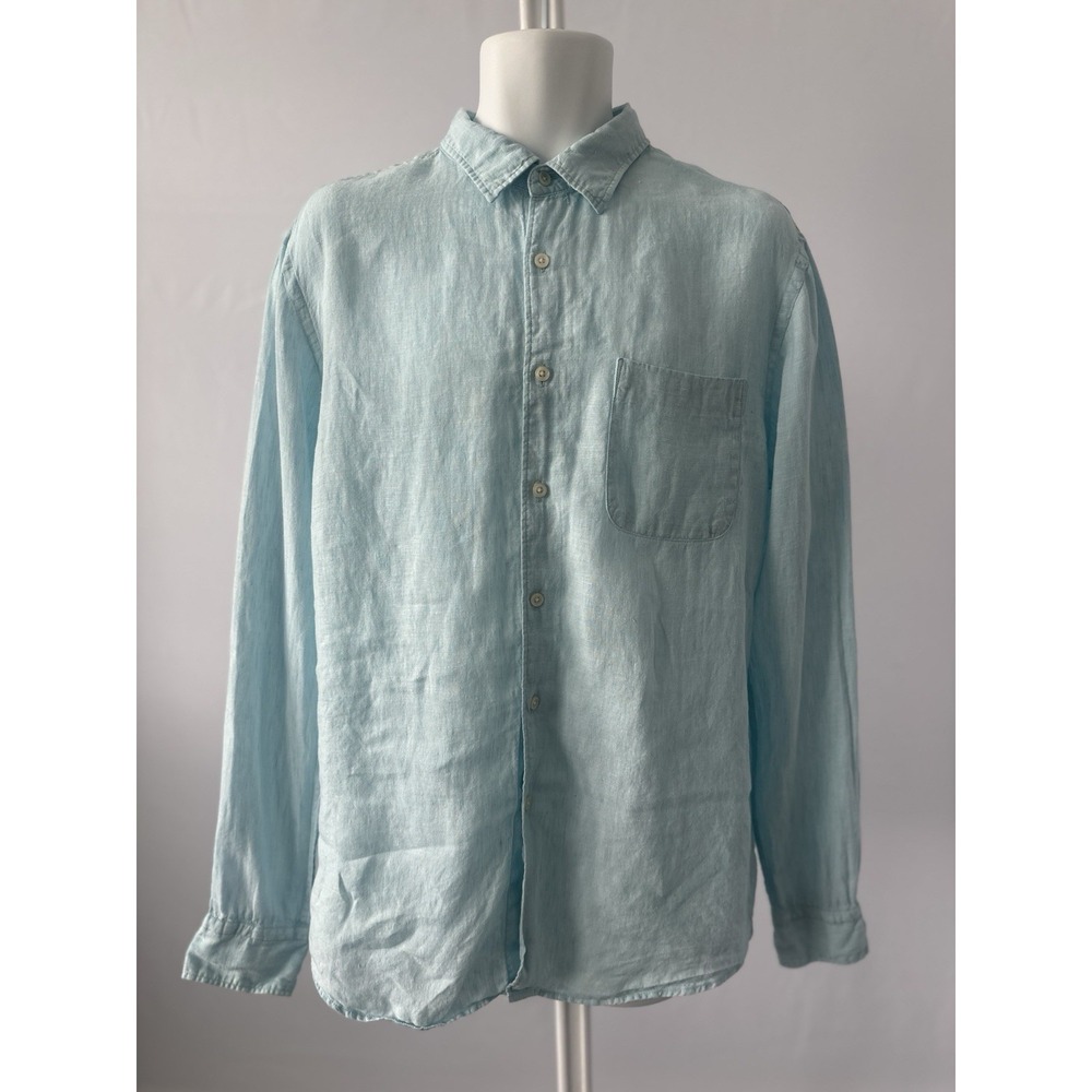 Lt. Blue UNIQLO Button Down Shirt Men's L 100% Linen Tropical (b64)